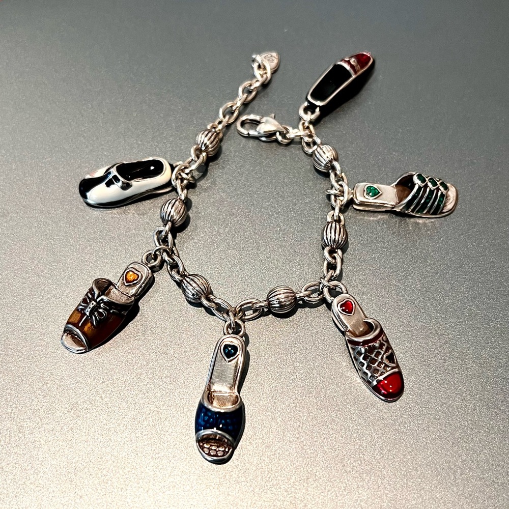 Brighton Shoes Charm Bracelet, Silver Plated Enameled Charms Adjustable Length